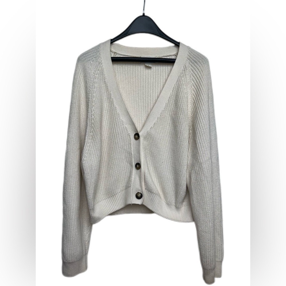 Monki‎ Cream Rib Knit Cropped Cardigan Sweater Off White Button Front Womens M